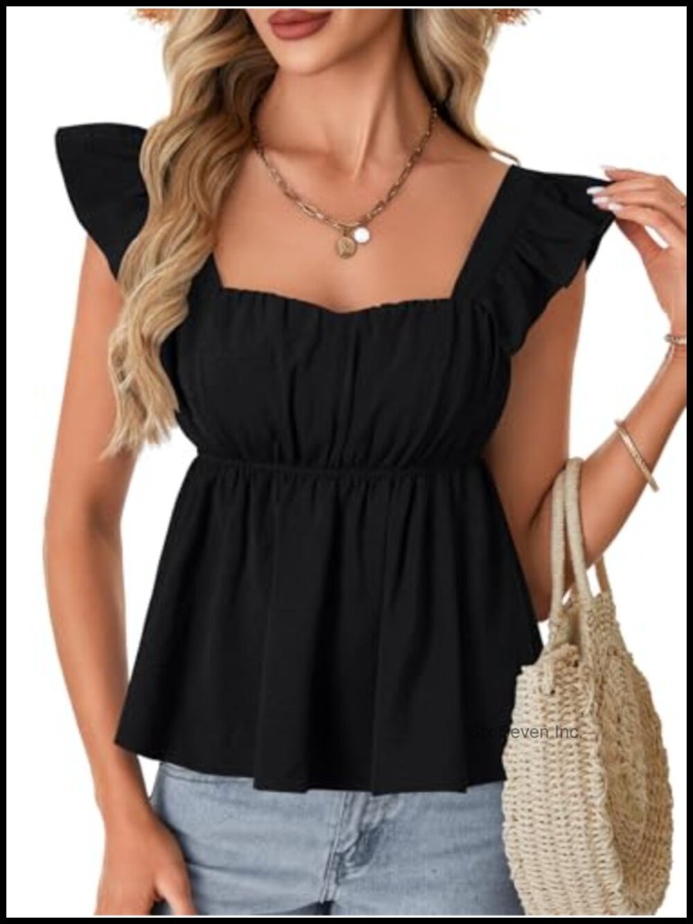 Rooscier Square Neck Peplum Tank Top Ruffle Cap Sleeve Babydoll Blouse